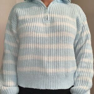 No Boundaries Sky Blue and White Striped Turtleneck Sweater